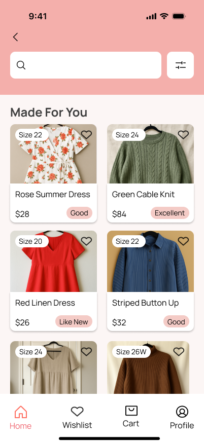 Product grid showing plain-language condition tags like Good, Excellent, and Like New on each listing
