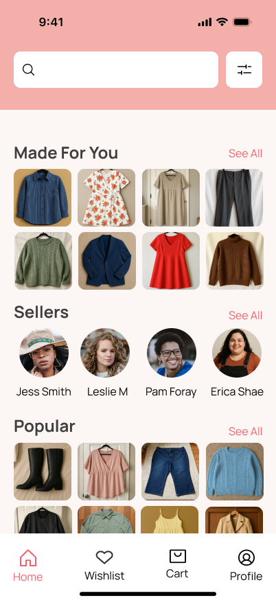 Plus Closet home dashboard with image-first product cards, a sellers row, and a popular section