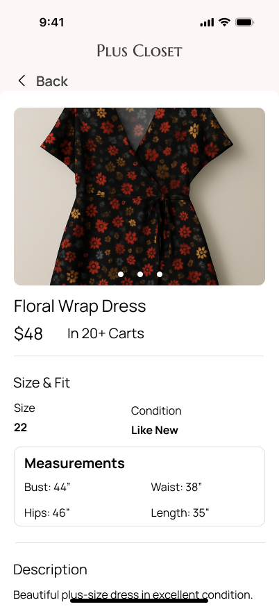 Product detail for a floral wrap dress with a horizontal swipe image carousel and size, condition, and measurements