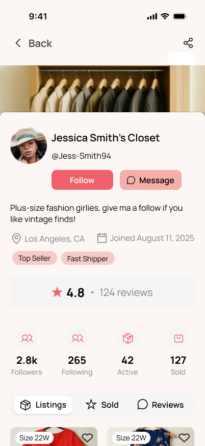 Seller profile with listings, sold items, and reviews browsed via horizontal swipe tabs
