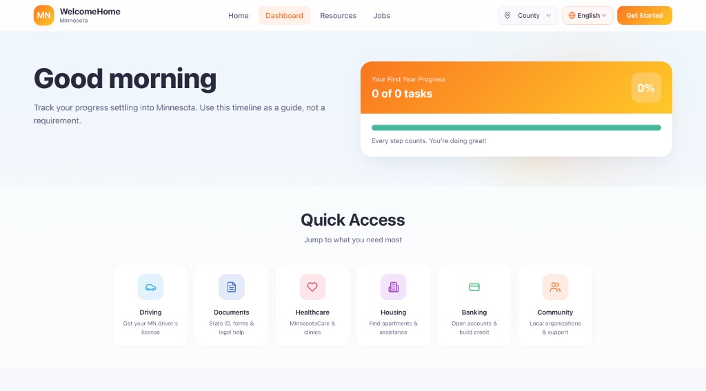 Dashboard with category-based quick access: Driving, Documents, Healthcare, Housing, Banking, Community
