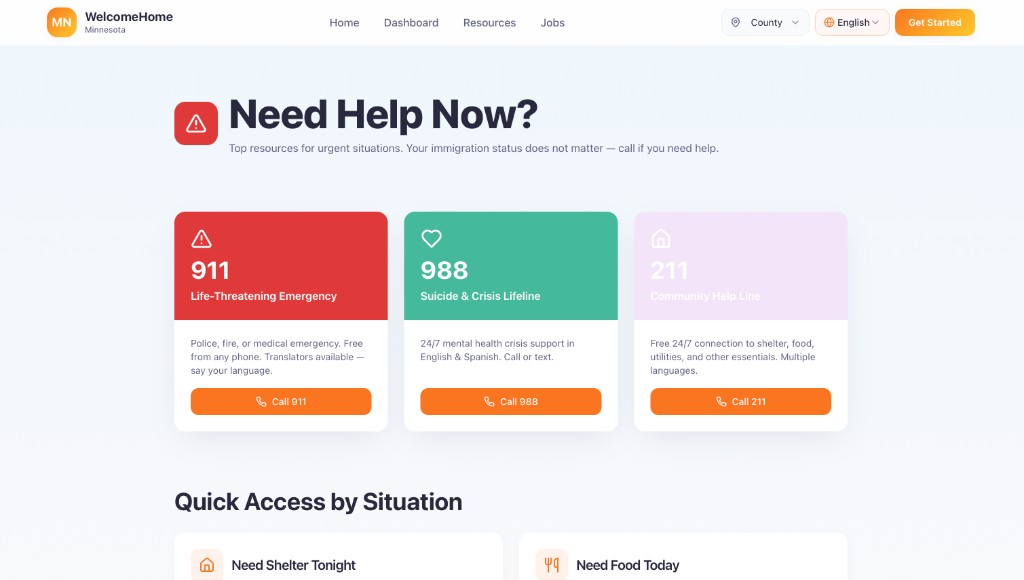 Need Help Now screen with 911, 988, and 211 emergency call cards
