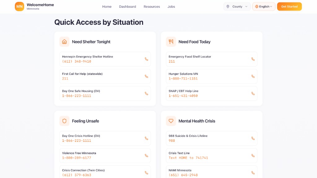 Quick access by situation: shelter, food, feeling unsafe, and mental health crisis with phone numbers
