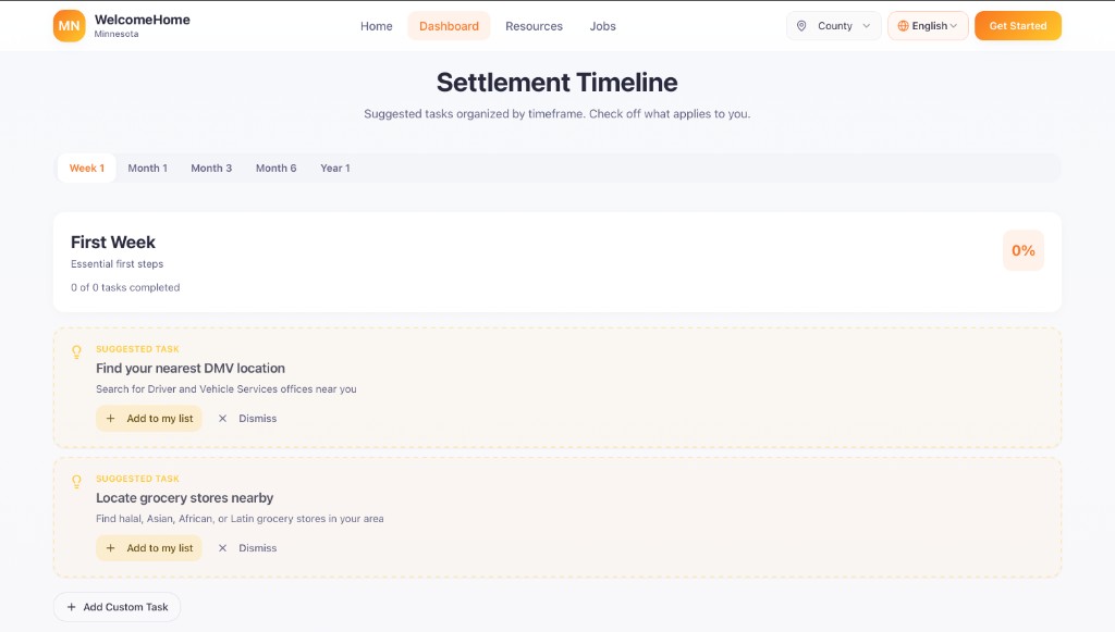 Settlement timeline with Week 1, Month 1, Month 3 tabs and suggested tasks